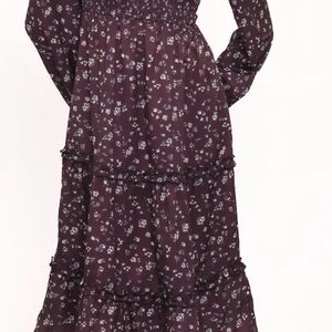 Petal & Pup Edwina Shirred Frill, Floral Long Sleeve Midi Dress - Plumb Colored.